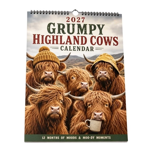 2027 Funny Highland Cow Wall Calendar, 12 Month Fluffy Scottish Highland Cattle Hanging Planner, Rustic Farmhouse Country Decor for Home Kitchen Office Gift