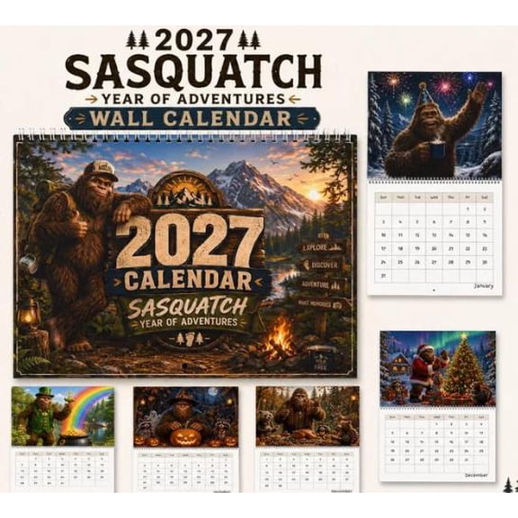 2027 Hanging Monthly Wall Calendar, Sasquatch Year of Adventures, 11", Fun Bigfoot WildernessThemed Art, Novelty Decor Gift for Sasquatch and Outdoor Enthusiasts
