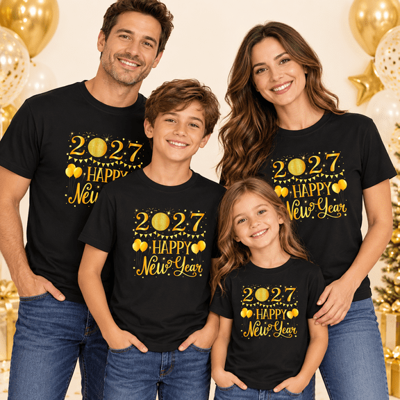 2027 Happy New Year Shirt Kids Black T-Shirt With Gold Glitter Design, Festive Party Tee For New Year Celebration, Casual Holiday Top For Boys And Girls S