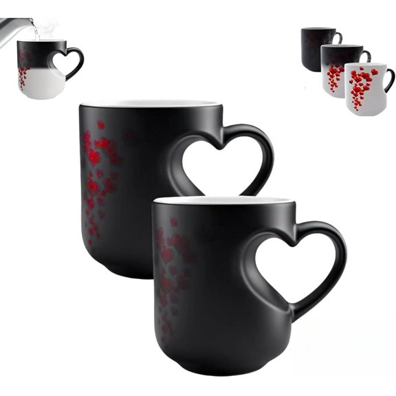 2027 Heart Shaped Color Changing Magic Ceramic Mug, 11oz Heat Sensitive Thermochromic Coffee Cup with Red Heart Pattern, Valentine's Day Romantic Gift for Her, Funny Coffee Mugs for Couples
