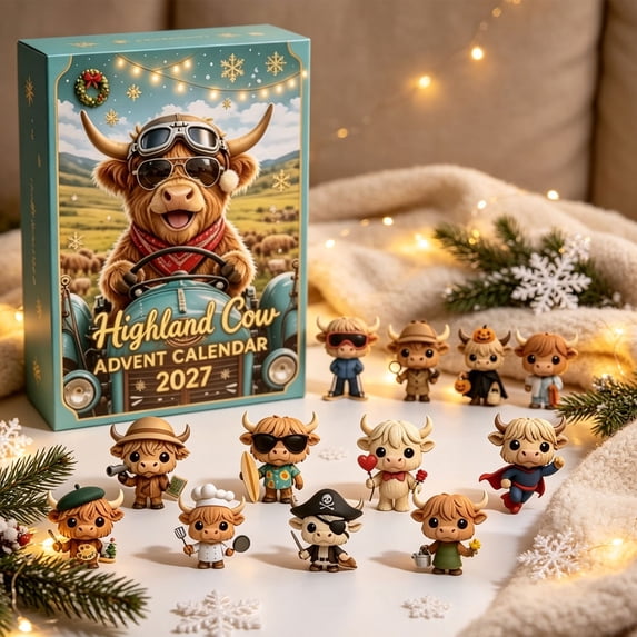 2027 Highland Cow Advent Calendar - 24 Day Christmas Countdown with Cute Miniature Cows - Teal Retro Edition Holiday Gift for Cow Lovers & Kids