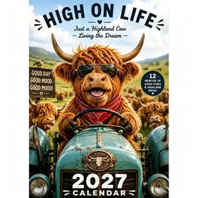 2027 Highland Cow Themed Wall Calendar, 12 Full Monthly Pages, Cute Fun Illustrated Design for Daily Date Check Schedule Planning Home Office Wall Decor