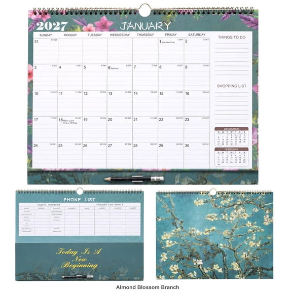 2027 Monthly Wall & Desk Calendar - 12-Month Schedule Planner with Protective PVC Cover, Large Lined Daily Blocks for Office, Home, School & Goal Setting (15" x 12")