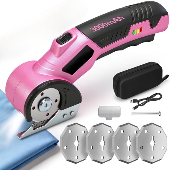 2027 New 3000mAh Cordless Electric Scissors, Cardboard Box Cutter with 4 Blades, Safety Lock & LED Light, Storage Box, 300RPM, 4.2V Electric Cutter for Fabric Carpet Carton Plastic Leather Cloth