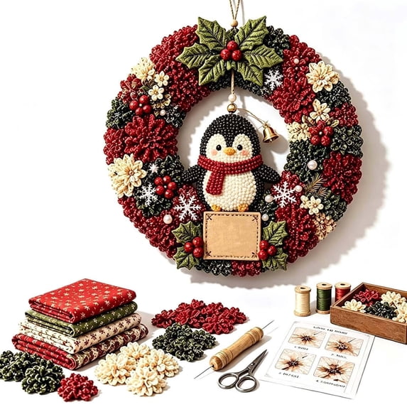 2027 New 3D Fabric Poke Wreath Art DIY Kit Christmas Craft for Adults,3D DIY Fabric Poke Art, Christmas Wreath Making Kit for Adults,Beginner Friendly,Home Door Wall Decor, Holiday Craft