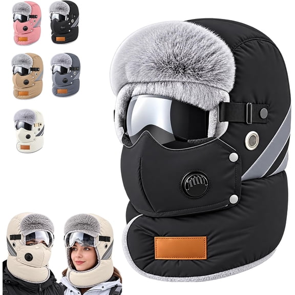 2027 New 5-in-1 Fleece Hat and Neck Warmer, Outdoor Biking Hat with Goggles, Detachable Face Mask,Breathing Valve, Windproof, Skiing, Motorcycle, Snowmobile.