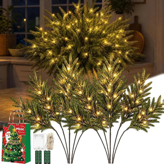 2027 New Christmas Enchanted Evergreen Pine with Lights, Enchanted Evergreen Olive Branch, Lighted Artificial Olivestems for Indoor Decor Christmas DIY (Pine*15)
