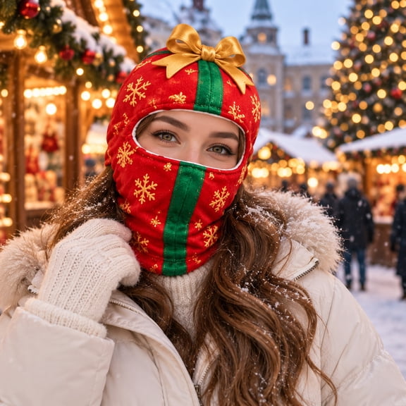 2027 New Christmas Ski Mask Balaclava, Golden Bow Gift Box Winter Ski Hood, Snowflake Printed Full Face Balaclava, Festive Christmas Costume Accessory, for Outdoor Ski, Holiday Dress-up