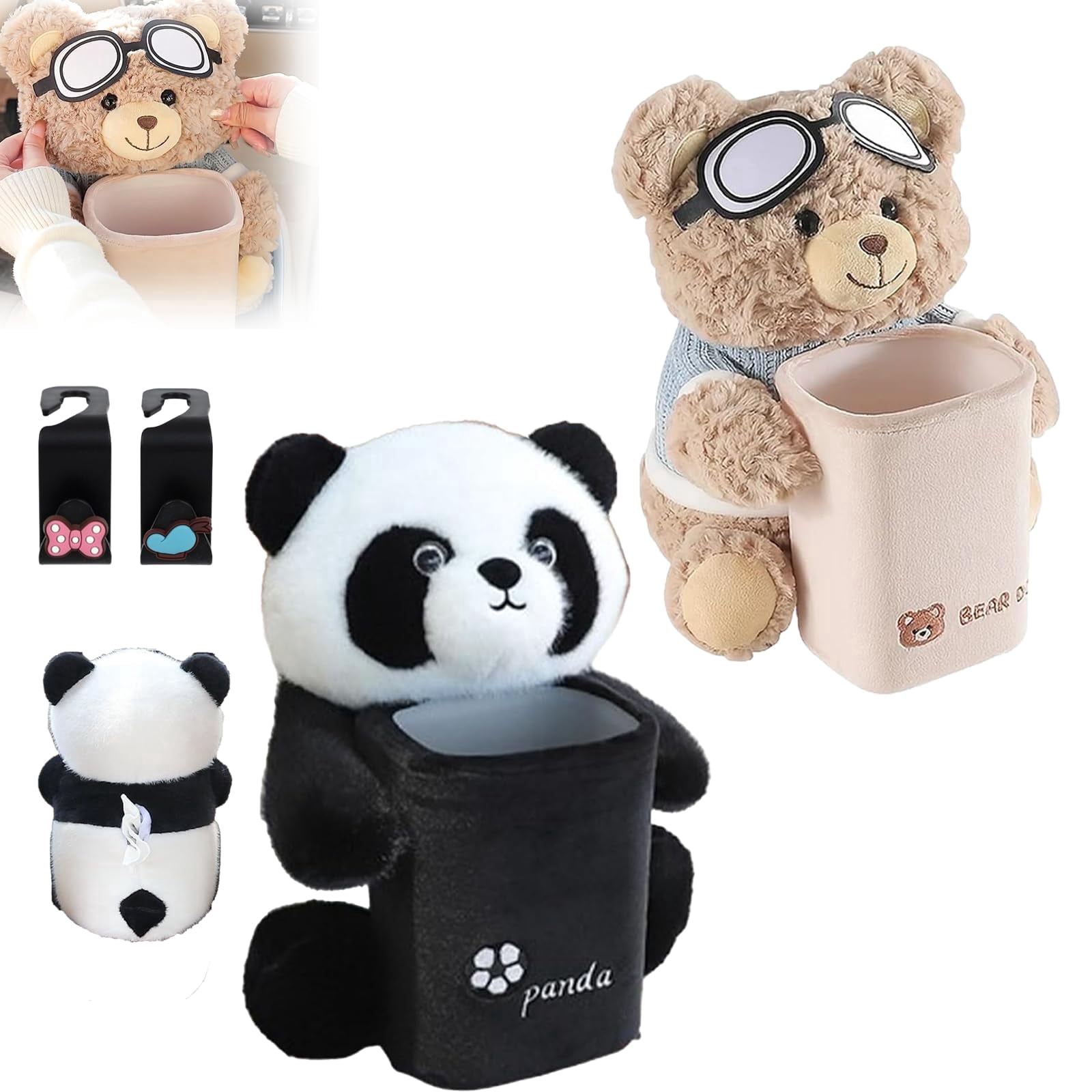 2027 New Cute Bear Tissue Holder and Trash Can, Soft Plush Car Tissue ...