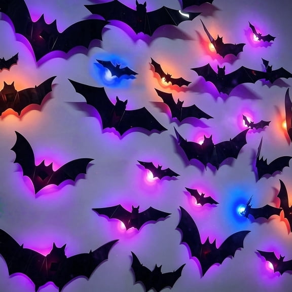 2027 New Halloween 3D Lighted Bats, LED Purple Lighted 3D Bats Halloween Decoration, Upgrade LED Glowing Bat Group Hanging (24\36\48)