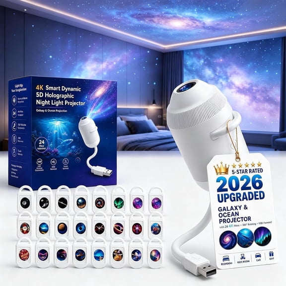 2027 New Hd Smart Dynamic 5d Holographic Night Light Projector with 24 Films Plug and Play HD Star Projector 360 Adjustable 2-in-1 Galaxy Star Ocean USB Powered Ceiling Projector for Bedroom