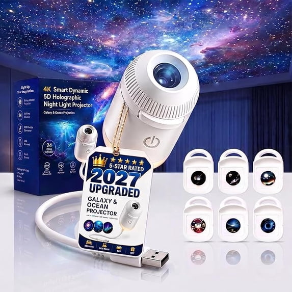 2027 New Hd Smart Dynamic 5d Holographic Night Light Projector, Plug and Play Hd Star Projector, 360° Adjustable Galaxy and Ocean Projectors for Bedroom Ceiling (6 Projection Films)