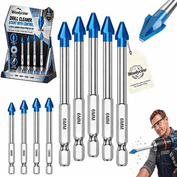 2027 New Hex Shank Carbide Eccentric Drill Bit, 4 Sizes 6/8/10/12mm, Masonry Drills Tipped for Ceramic Porcelain Cement Stone Marble Wood Granite 4 Sizes Home Repair Installation