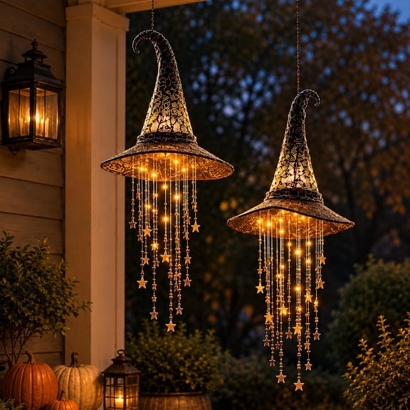 2027 New Lighted Witch Hat Hanging Chime, Halloween Glowing Witch Hat, Warm LED Cutout Lighting, Star Tassel Accents, for Yard, Patio, Porch & Outdoor