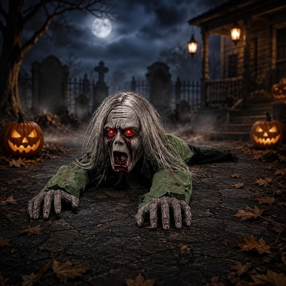 2027 New Scary Crawling Zombie, Halloween Decoration, Motorized Creeping Zombie with Long Gray Hair & Tattered Clothes for Haunted House, Porch, Party & Spooky Home Decor(Long Hair)