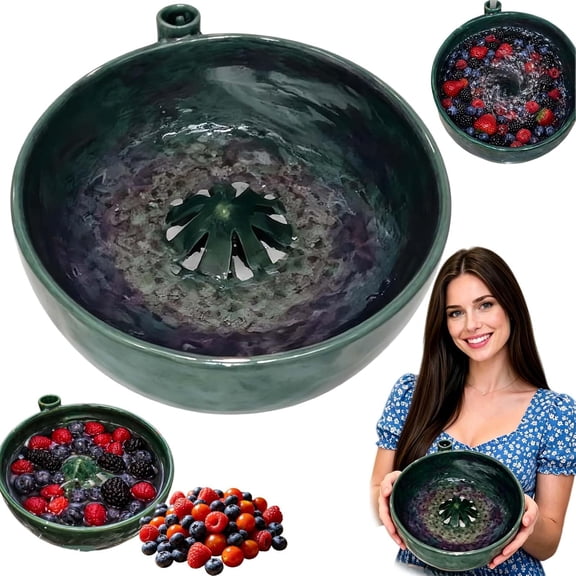 2027 New Self-Spinning Berry Washing Bowl Ceramic, Automatic 360° Fruit & Vegetable Washer Spinner with Drainage, Hydro-Vortex Berry Rinser & Colander for Kitchen, Stoneware Serving Bowl for Berries