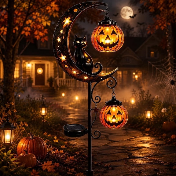 2027 New Solar Halloween Black Cat & Pumpkin Moon Garden Stake Light | Outdoor Solar Lantern for Halloween Yard, Garden, Patio, Lawn and Pathway Decoration