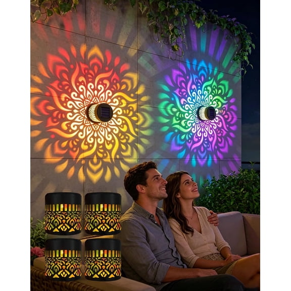 2027 New Solar Mandala Lights Outdoor Wall, 7-Color Changing Solar Mandala Projector Light Decor, Metal Hollow Pattern Shadow Art, Ip65 Waterproof Outdoor LED for Patio, Backyard, Garden, Yard