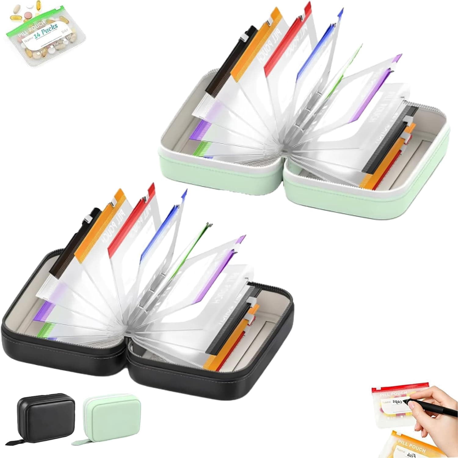2027 New Waterproof Pill Pouch Set-14pcs Bags Inside,A8 Waterproof Pill Organizer Set,7 to 14 Days of Meds & Medicine Crush-Resistant Shell