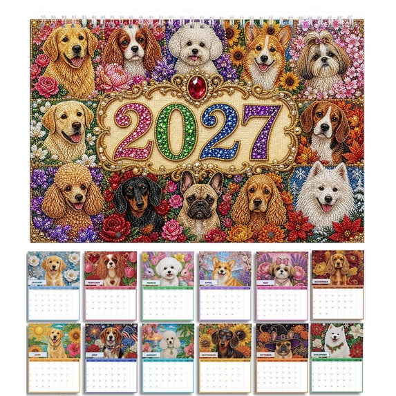 2027 Pearl Art Kit DIY Diamond Painting Wall Calendar with Animal,Seasonal Hanging Monthly Planner with Preprinted Designs, Handmade Craft Kit for Home & Office Decor,Dog