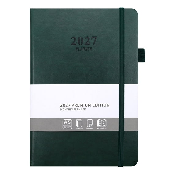 2027 Planner, A5 Hardcover Monthly Planner 2027, Premium PU Leather Agenda Book with Elastic Closure, Thick Paper Weekly Calendar Notebook, Schedule Organizer for Work Office Home Use