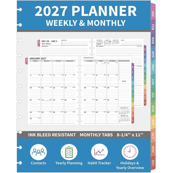 2027 Planner Refills - Weekly & Monthly Planner Inserts 2027, Jan 2027 - Dec 2027, 8.25" x 11", Colorful Tabs, To-do & Notes, 11-Hole Punched, 2027 Calendar Refillable Planner for office, , School