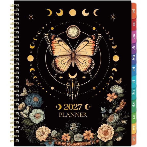 2027 Planner Weekly/Monthly View, 9 x 11 Inches JanuaryDecember 2027, with color-coded tabs and front & back inner storage pockets Butterfly Design