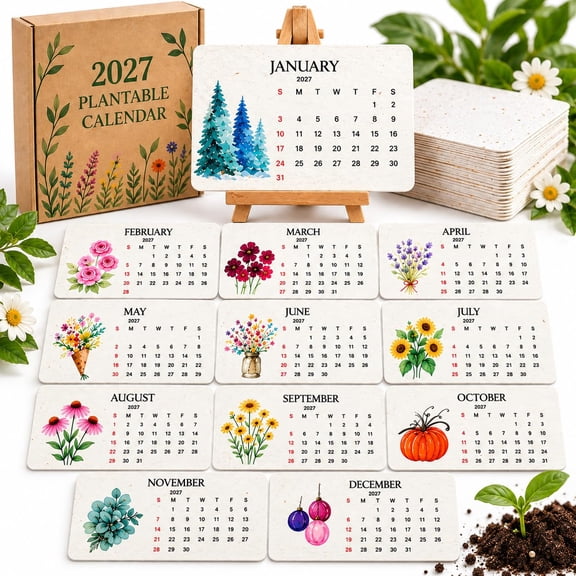2027 Plantable Seed Calendar 12 Month Wildflower Growing Calendar with Wooden Display Stand Eco Friendly Seed Paper Desk Calendar for Home Office Table Decoration Gardening Gifts
