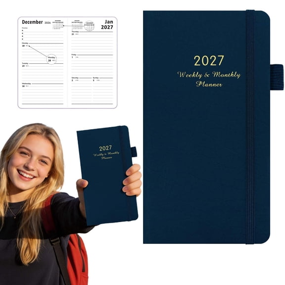 2027 Pocket Weekly Monthly Planner Notebook, 7.89x3.16 Inch Compact Soft Leather Cover Task Schedule Organizer, Lightweight Pocket Calendar Book for Travel, Business Meetings, Navy