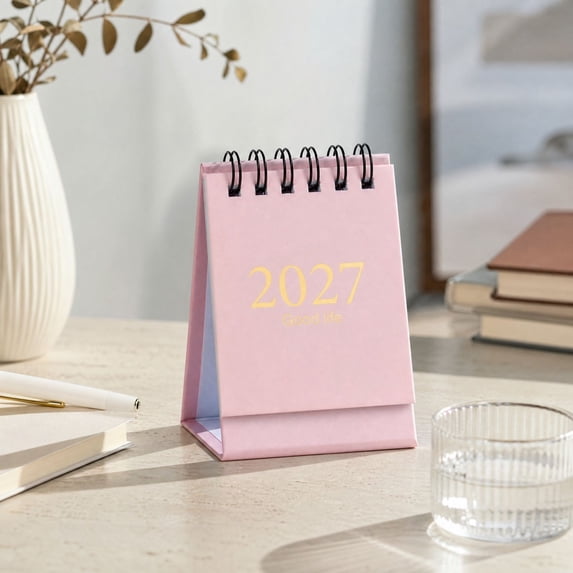 2027 Portable Pink Desktop Calendar Standing Mini Table Flip Planner Paper Tabletop Decor Organizer for Home Office Workspace School