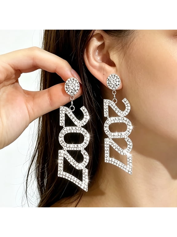 2027 Rhinestone Dangle Earrings, Gold Tone Full Crystal Number Drop Earrings, Sparkling New Year Eve Party Jewelry for Celebration Holiday Daily Wear