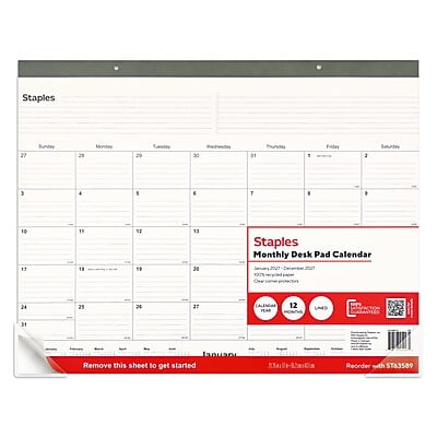 2027 Staples 21.75" x 17" Monthly Desk Pad Calendar, Dark Green (ST63589-27)