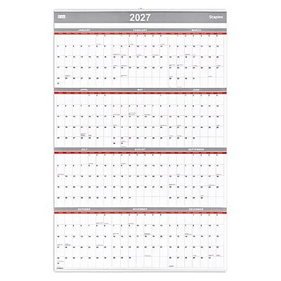 2027 Staples 24" x 36" Yearly Wall Calendar, White/Red/Gray (ST53999-27)