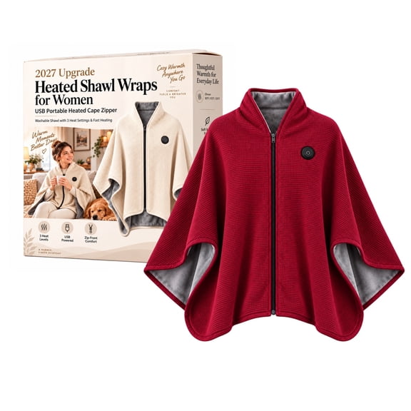 2027 Upgrade Heated Shawl Wraps for Women, Cordless Ceated Blanket, USB Portable Heated Cape Zipper, Washable wireless shawl with 3 Heat Settings & Fast Heating for Office Travel Car, Red