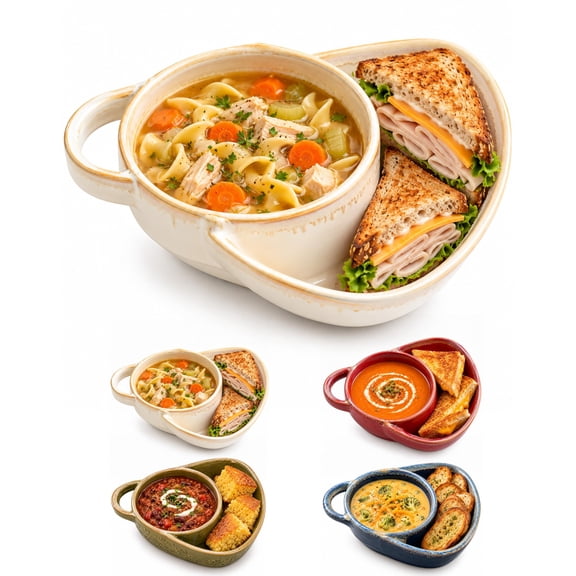 2027 Upgrade Soup and Sandwich Bowl with Side Compartment and Handle Ceramic Soup and Bread Bowl Combo, Divided Plate for Chili, Salad and Snacks