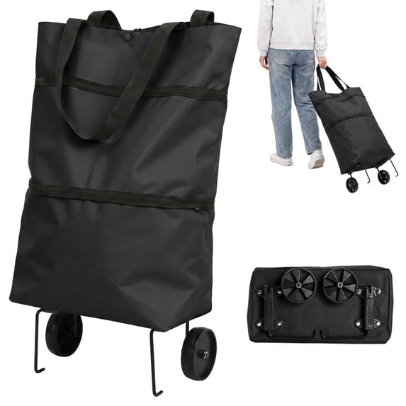 2027 Upgraded 2 in 1 Foldable Shopping Cart with Wheels, Portable Grocery Cart Foldable with Wheels and Pull Handle for Market & Grocery Runs(Black)