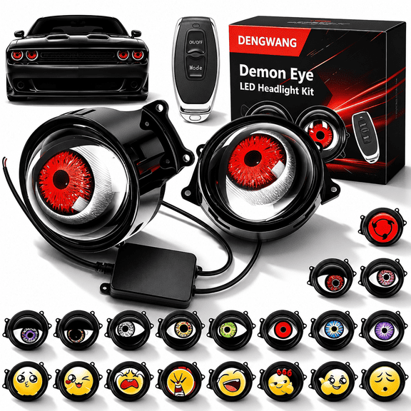 2027 Upgraded Demon-Eye LED Headlight Kit, Animated Demon Eye LED Projector Headlight Kit with 6/33 Light Modes, Realistic Moving Ghost Eye Car Headlight with Wireless Remote, 6 Mode