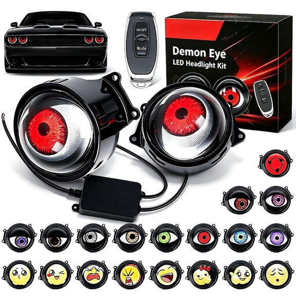 2027 Upgraded Demon-Eye LED Headlight Kit, Animated Demon Eye LED Projector Headlight Kit with 6/33 Light Modes, Realistic Moving Ghost Eye Car Headlight with Wireless Remote