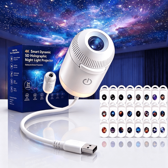 2027 Upgraded Hd Smart Dynamic 5d Holographic Night Light Projector, Plug and Play Hd Star Projector, 360° Adjustable Hd Galaxy and Ocean Projector for Bedroom Ceiling (24 Projection Films)