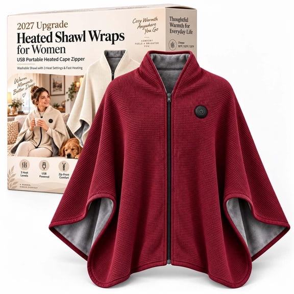 2027 Upgraded Heated Shawl Wrap for Women, Portable USB Heated Cape with Zipper, 3 Heat Settings, Fast Heating Washable Wearable Blanket for Office, Travel & Car