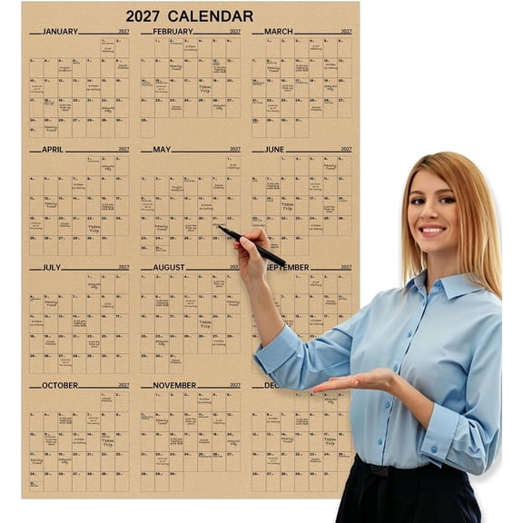2027 Wall Calendar, 34 x 24 Inch Large Paper Yearly Planner Poster | At-a-Glance Planner, 12-Month Yearly LayoutClear Black Printing, Includes 20 Double-Sided Adhesive Dots