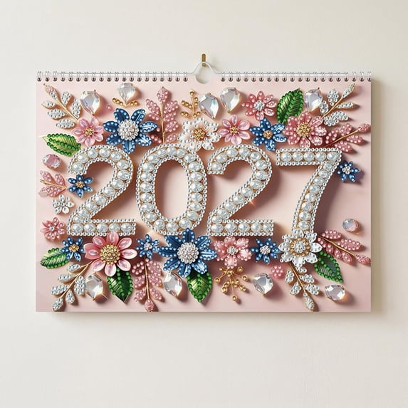 2027 Wall Calendar DIY Diamond Art Painting Hanging Calendar 6.7" x9.9" Hanging Loop from January 2027 to December for Home Office Planning-Flowers