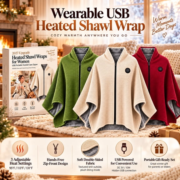 2027 Wearable USB Heated Shawl Wrap for Women, 3 Heat Settings Hands-Free Zip Front Heating Poncho, Soft Double-Sided Winter Warm Cape Gift
