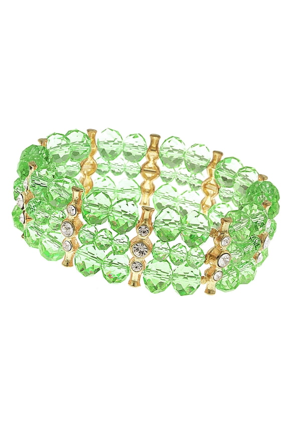 2028 Gold-Tone Green With Crystal 3-Row Beaded Stretch Bracelet