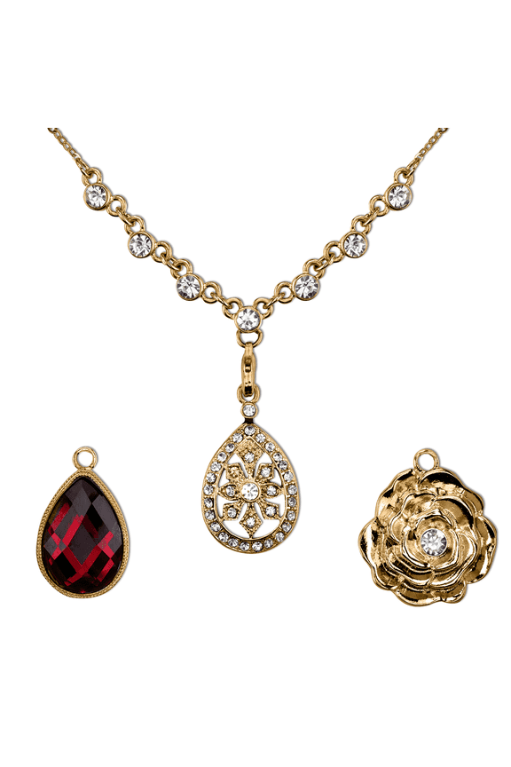 2028 Jewelry 3-In-1 Clear Crystal & Red Teardrop Interchangeable Necklace Set 16" + 3" Extender