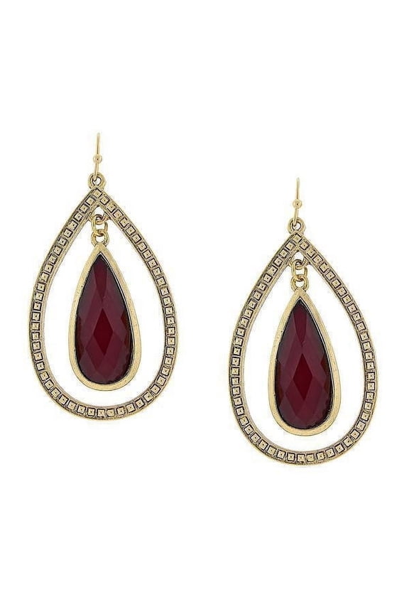 Burgundy Teardrop Stone Open Hoop Earrings