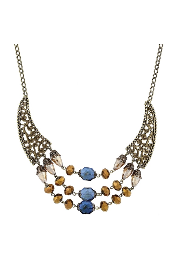 Burnished Brass Bronze Blue Light Topaz Bib Necklace 16 + 3 Extender