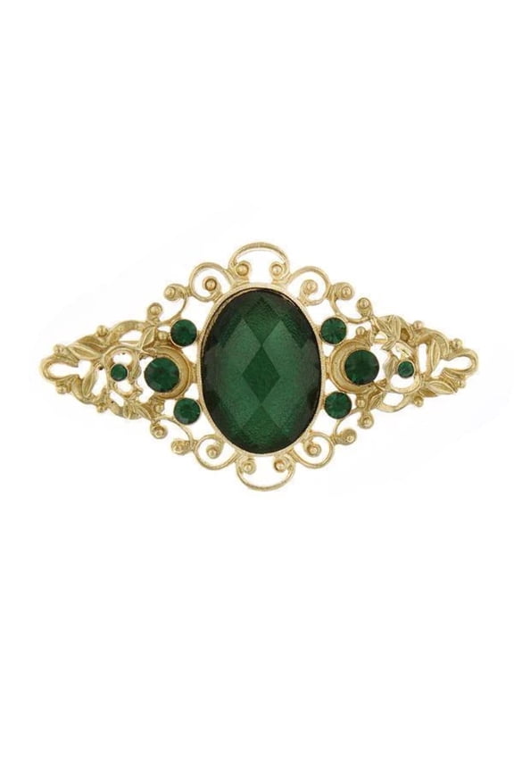 Green Stone And Green Crystal Filigree Pin