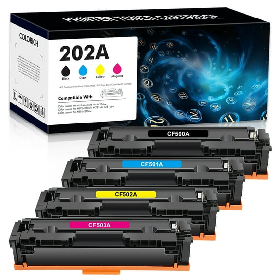 202A Toner Cartridge 4-Pack Compatible for HP CF500A 202A CF500X 202X Color LaserJet Pro M254dw M254dn MFP M281fdw Printer Ink (1*Black,1*Cyan,1*Magenta,1*Yellow)