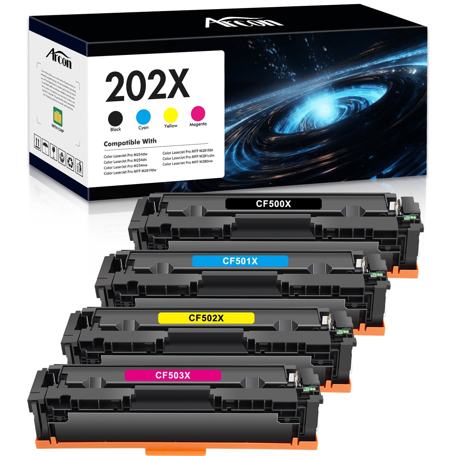 202X Toner Cartridges Compatible for 202X 202A CF500X CF500A Color LaserJet Pro MFP M281fdw M254dw M281cdw M281fdn M281 M254 CF501A CF502A CF503A Printer Ink (Black Cyan Yellow Magenta)